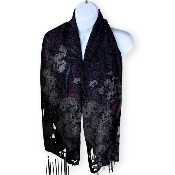 Gray Brown Colorblock Floral Fringe Rectangle Scarf 40x26 - Picture 2 of 7